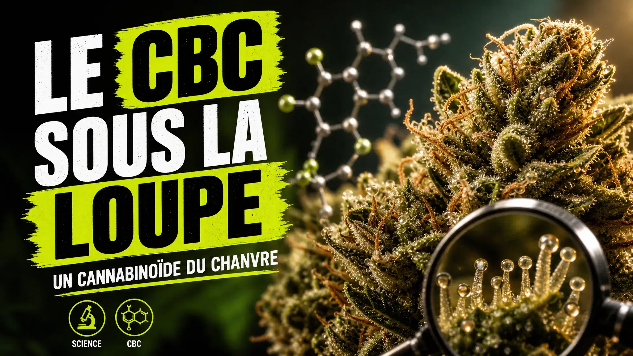 Une fleur de chanvre détaillée au premier plan est associée à une représentation géométrique du cannabichromène CBC.