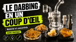 Un rig en verre et plusieurs concentrés de chanvre aux textures variées sont présentés sur une surface sombre en composition éditoriale.