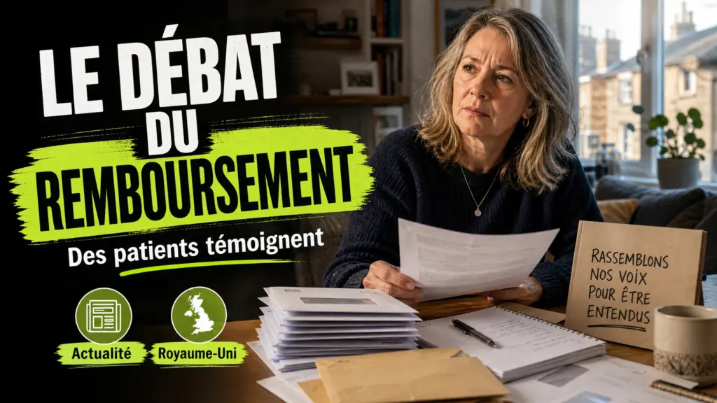 Une femme britannique d’une cinquantaine d’années organise une campagne autour de courriers de refus de prise en charge sur une table domestique.