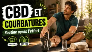 Une personne en tenue de sport s’étire calmement près d’une fenêtre avec un verre d’eau, une serviette et un petit bol de graines de chanvre.
