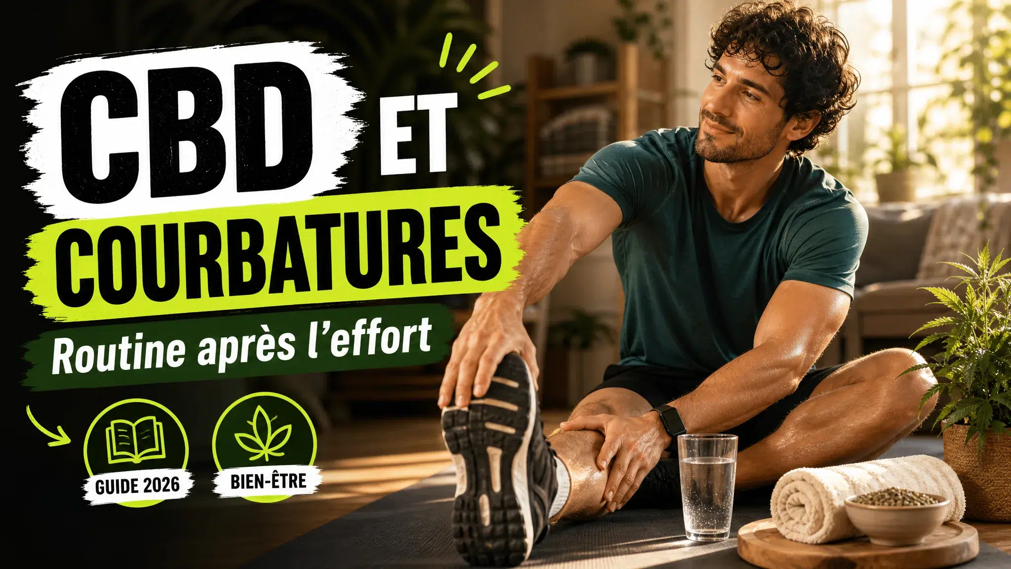 Une personne en tenue de sport s’étire calmement près d’une fenêtre avec un verre d’eau, une serviette et un petit bol de graines de chanvre.