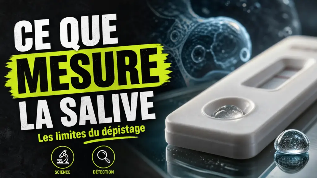 Un test salivaire sans marque est présenté en gros plan à côté d’une goutte translucide sur une surface sombre.
