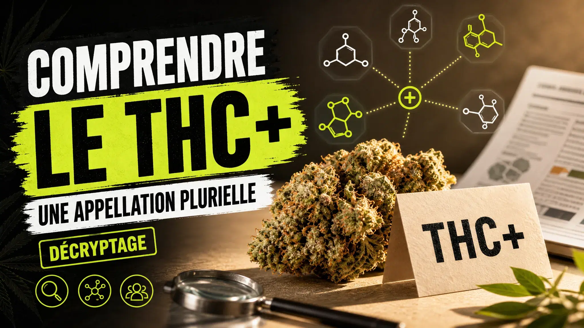 Une fleur de chanvre repose à côté d’une carte THC+ et d’une feuille d’analyse aux lignes abstraites, évoquant la diversité des compositions.