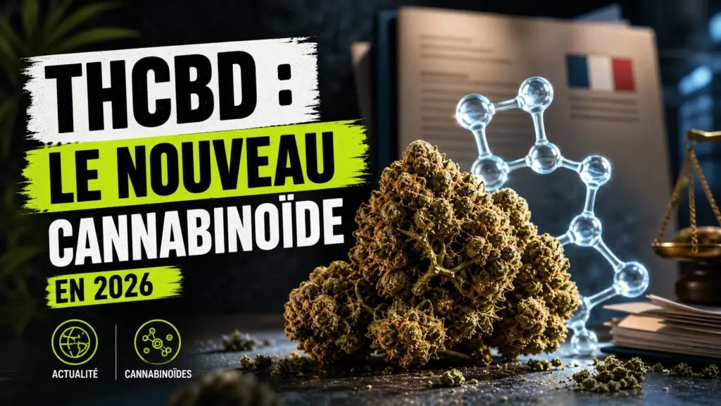 Une fleur de chanvre détaillée repose devant une forme moléculaire translucide et un dossier réglementaire dans une mise en scène éditoriale contemporaine.