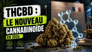 Une fleur de chanvre détaillée repose devant une forme moléculaire translucide et un dossier réglementaire dans une mise en scène éditoriale contemporaine.