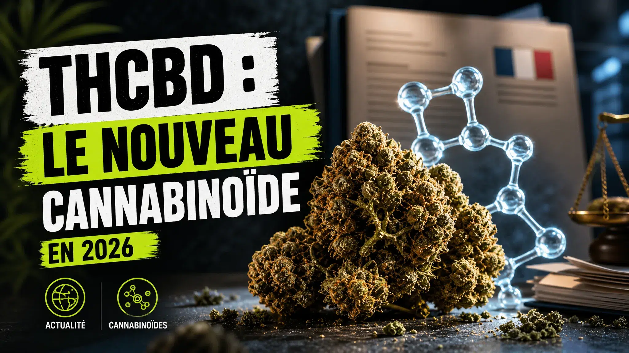 Une fleur de chanvre détaillée repose devant une forme moléculaire translucide et un dossier réglementaire dans une mise en scène éditoriale contemporaine.