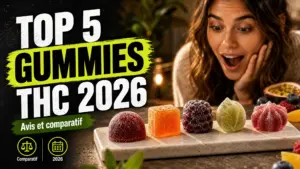 Cinq gummies au chanvre de formes et de couleurs différentes sont présentés sur une assiette en céramique pour un comparatif visuel.