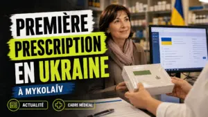 Une femme se tient dans une pharmacie ukrainienne près d’un médicament scellé et d’un écran affichant une prescription électronique.
