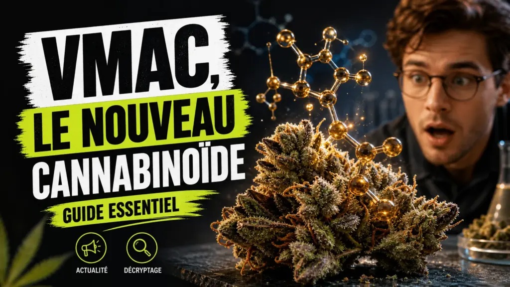 Une fleur de chanvre détaillée au premier plan se détache devant des formes moléculaires translucides dans un décor sombre et contemporain.