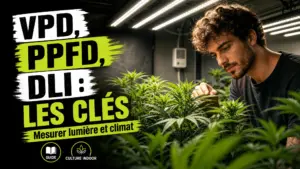 Des feuilles de chanvre éclairées par des LED dans un espace intérieur équipé d’un capteur d’humidité et de température.