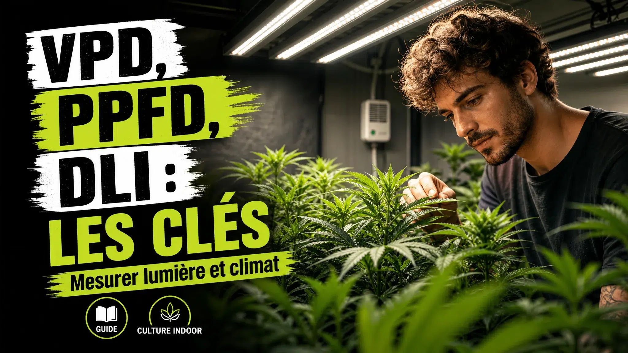 Des feuilles de chanvre éclairées par des LED dans un espace intérieur équipé d’un capteur d’humidité et de température.