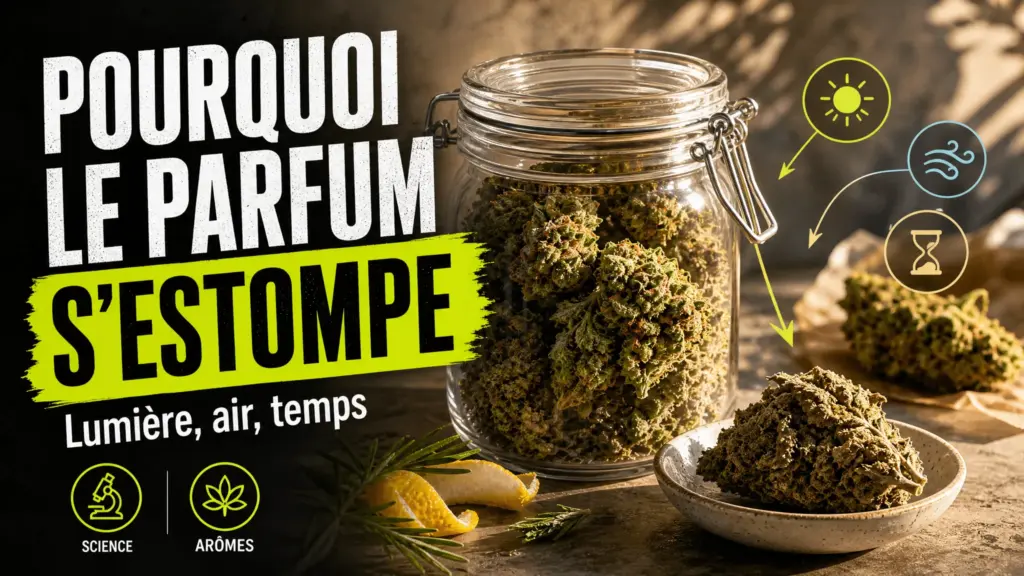Eine getrocknete Hanfblüte liegt in einem luftdichten Glas neben einer Blüte, die stärker der Luft ausgesetzt ist – eine botanische Szene, die den allmählichen Verlust der Aromen verdeutlicht.