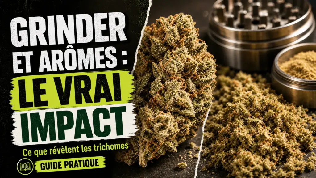 Une fleur de chanvre riche en trichomes est présentée à côté d'une mouture végétale et d'un grinder métallique ouvert.