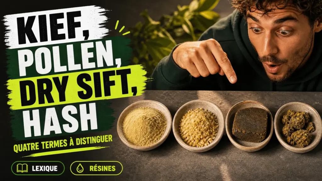 Quatre échantillons de résine de chanvre, du kief poudreux au hash compact, sont présentés côte à côte pour comparer leurs textures.