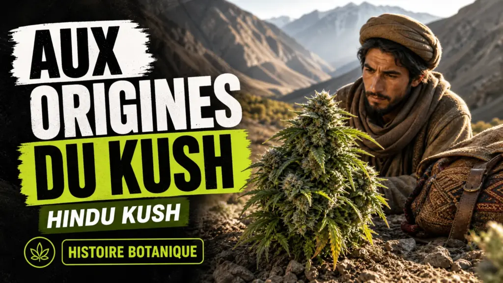 Une plante de chanvre compacte et résineuse se détache devant les reliefs escarpés de l’Hindu Kush.