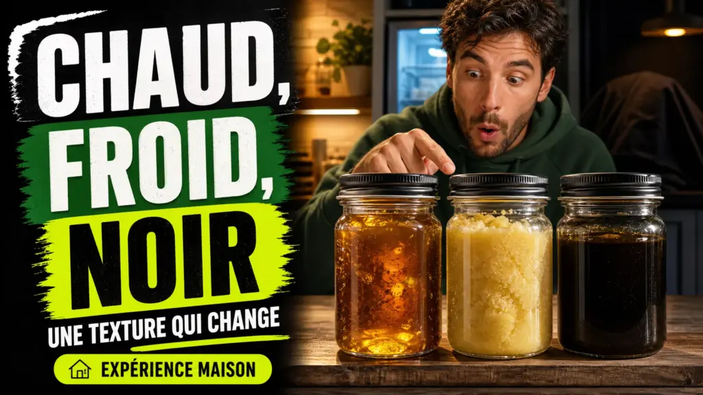 Three sealed glass jars in a kitchen each contain the same concentrate but have different textures, evoking warmth, cold, and darkness.