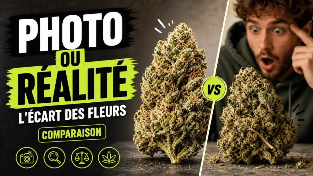 Two similar hemp flowers are shown side by side: one is very colorful and rich in detail, while the other has a more natural appearance with visible irregularities.
