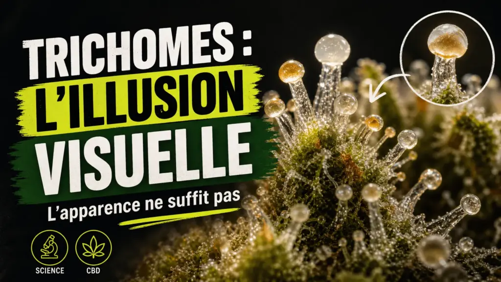 A macro photograph shows translucent, amber-colored trichomes on the surface of a hemp flower.