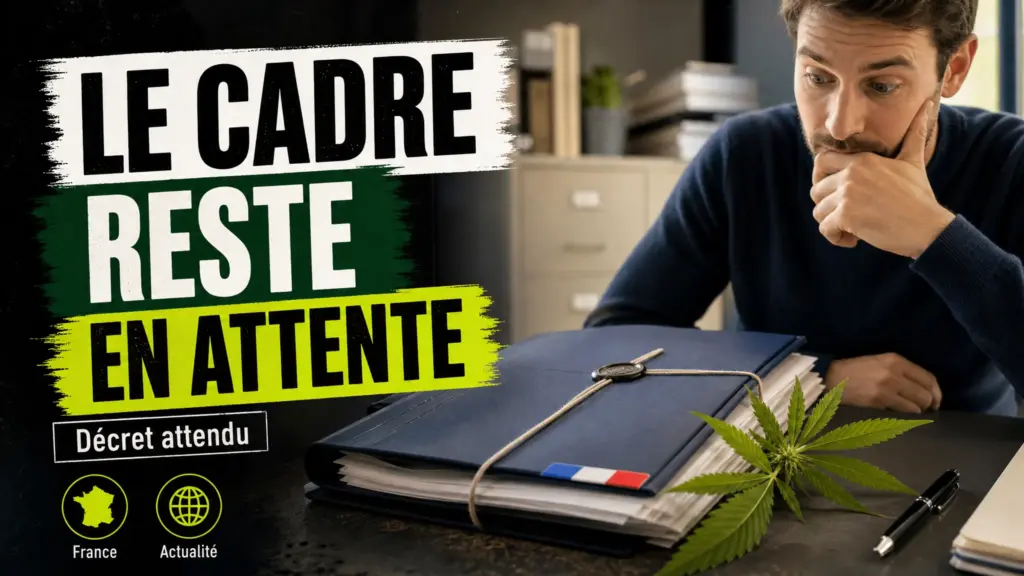 A regulatory file sitting on a desk in a French administrative office lies next to a small hemp stalk under a cold light.