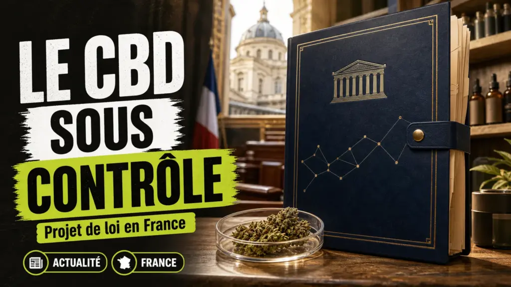 A blue parliamentary file and a sample of hemp are displayed in a French institutional setting that evokes the evolution of CBD regulations.