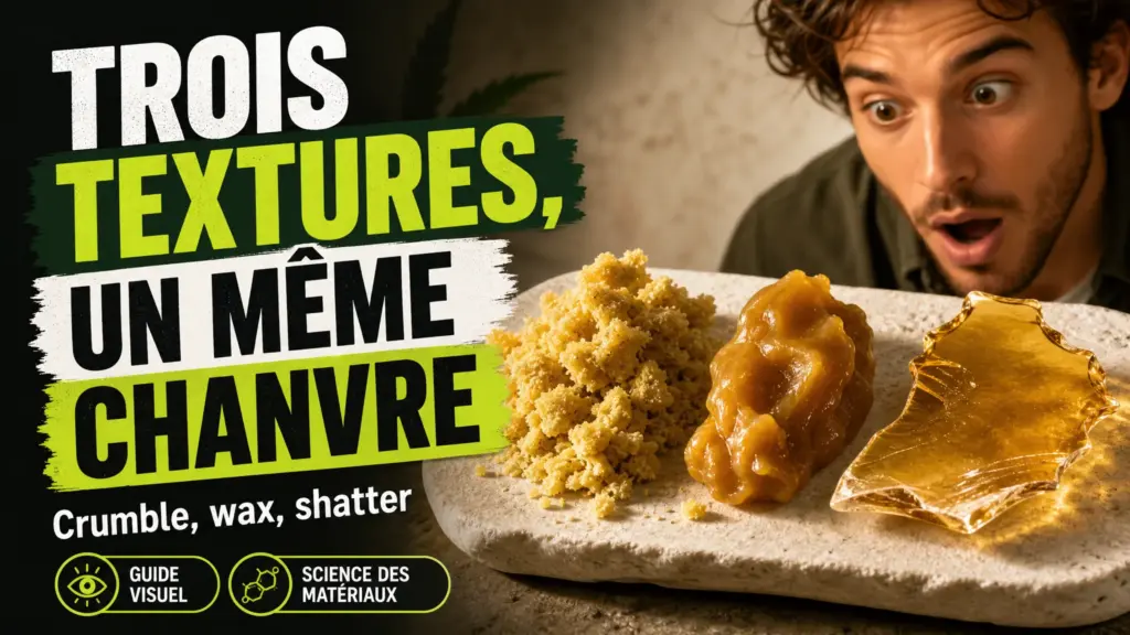 Three types of hemp concentrates with distinct textures—crumbly crumble, opaque wax, and translucent shatter—are displayed side by side.