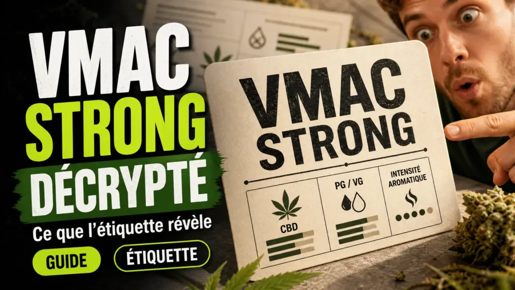 A printed information card highlights the "VMAC STRONG" label, along with details about the composition and sensory intensity.
