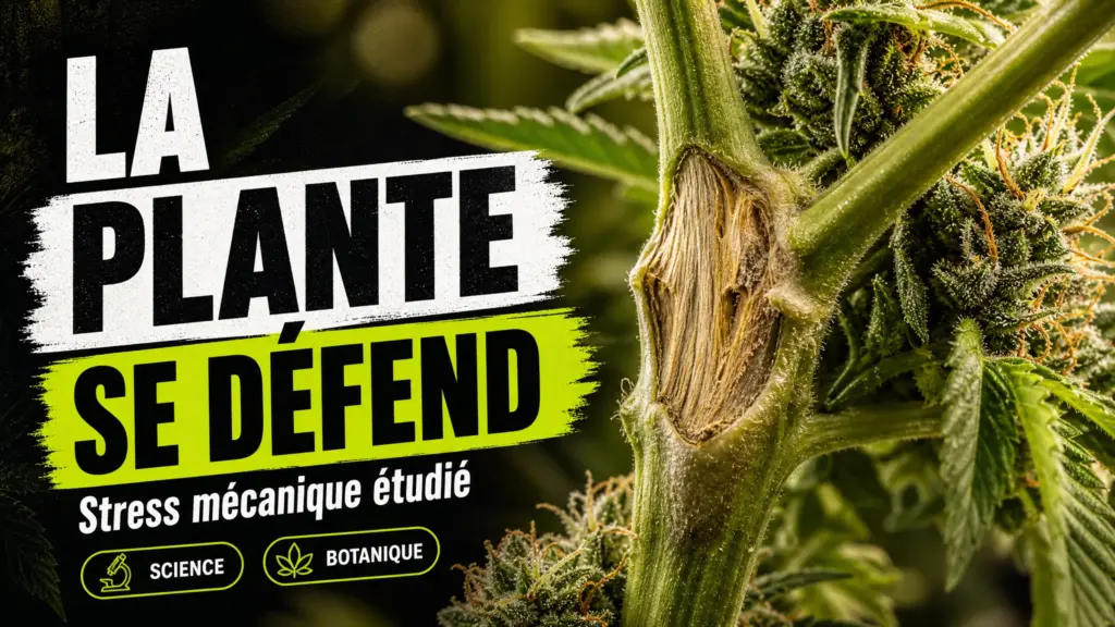 Primo piano su una pianta di canapa con un fusto ispessito e cicatrizzato, davanti a fiori ricoperti di tricomi.