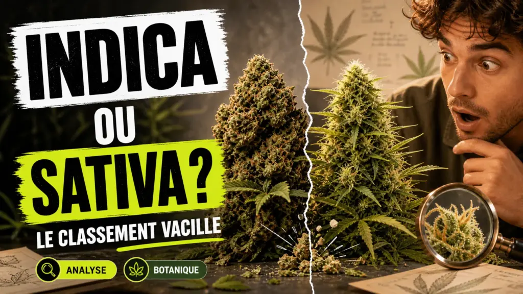Deux formes contrastées de fleurs de chanvre sont présentées côte à côte dans une scène botanique éditoriale consacrée aux limites du classement indica et sa…