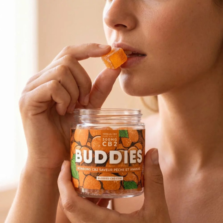Docinho CB2 Pêssego e Ananás Buddies, vegan, sem THC nem CBD | Weedy.fr
